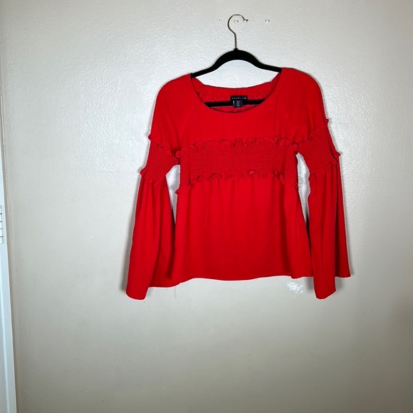 Amaryllis Apparel ruffled blouse Long Bell Sleeves solid Red Size Small - Picture 14 of 15